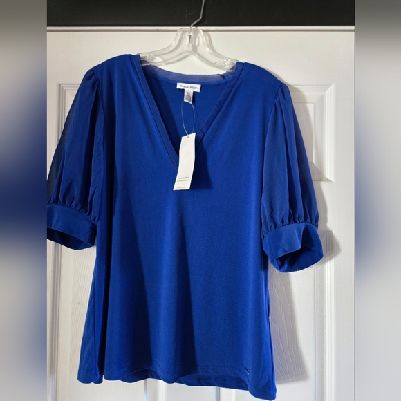 Calvin Klein Tops - Calvin Klein Royal Blue V-Neck Puff Sleeve Top